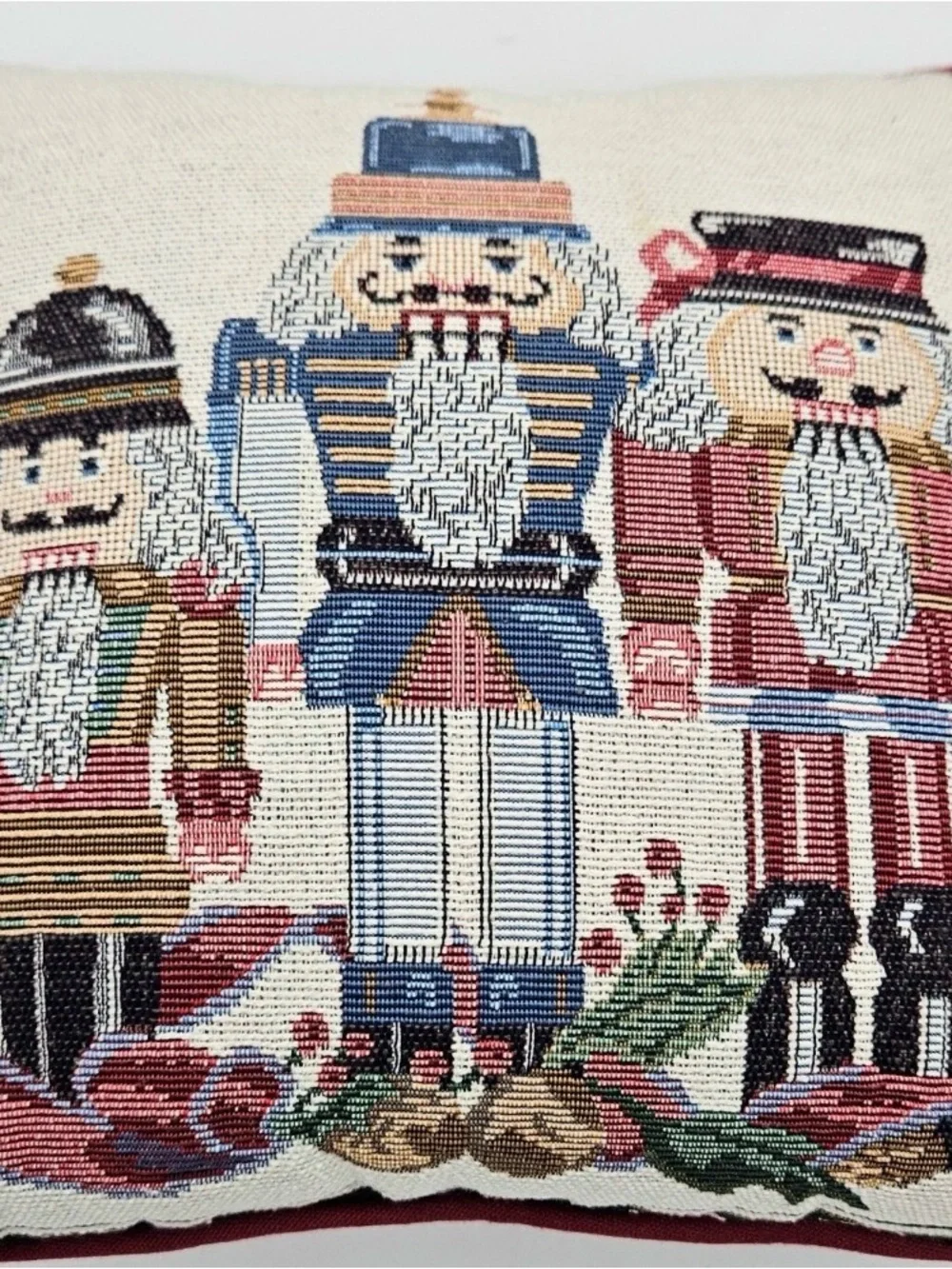 Vintage Christmas Nutcracker Tapestry Throw Pillow Trio Burgundy Piping 12x12